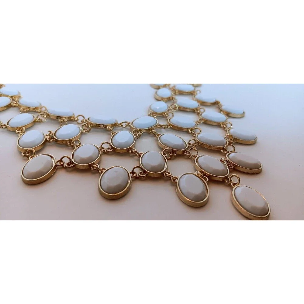 Vintage White Cabochon Bib Necklace Gold Tone Statement Necklace 16-19 in